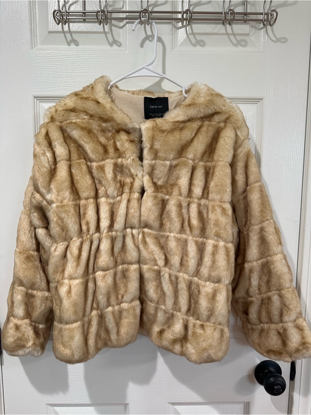 Zara Plush Faux Fur Hooded Coat in Light Beige